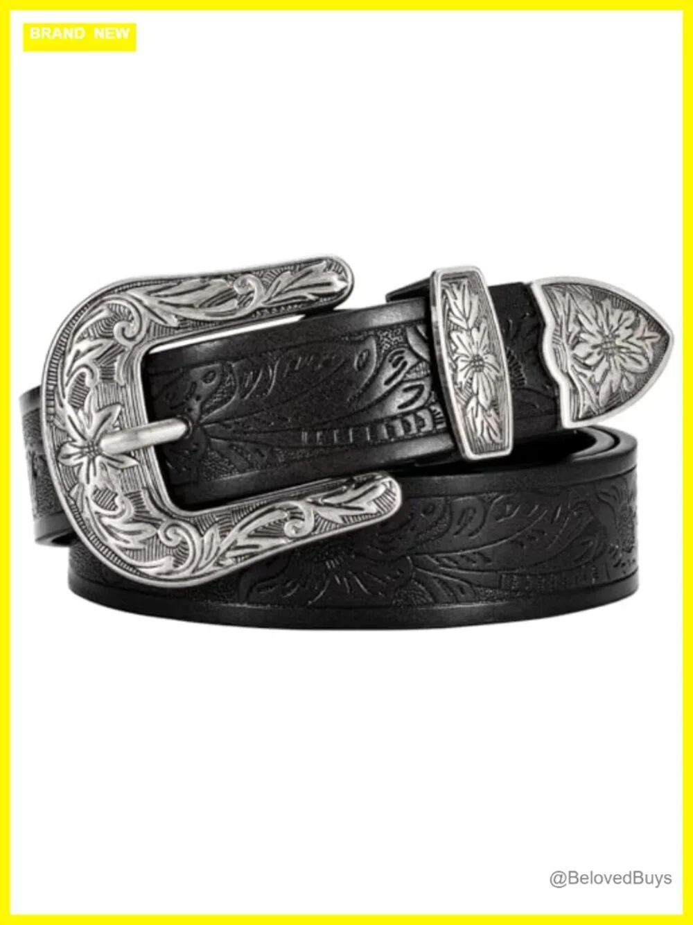 Vintage Floral Carved Western Belt for Women PU Leather Alloy Buckle